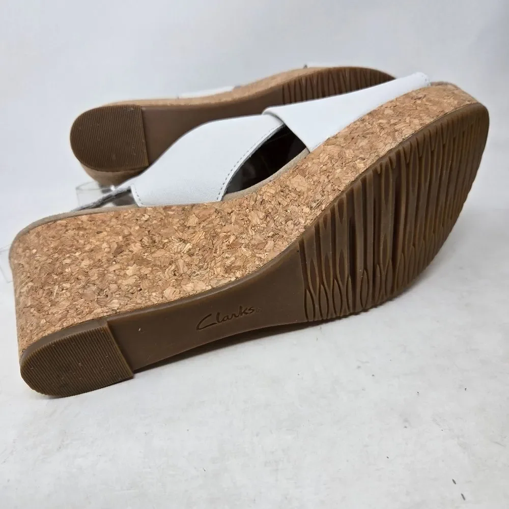 CLARKS Annadel Eirwyn White Leather Slingback Cork Wedge Sandals Sz 10‎